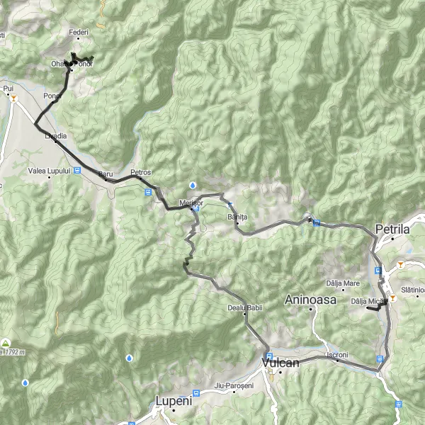 Map miniature of "Baru Loop" cycling inspiration in Vest, Romania. Generated by Tarmacs.app cycling route planner