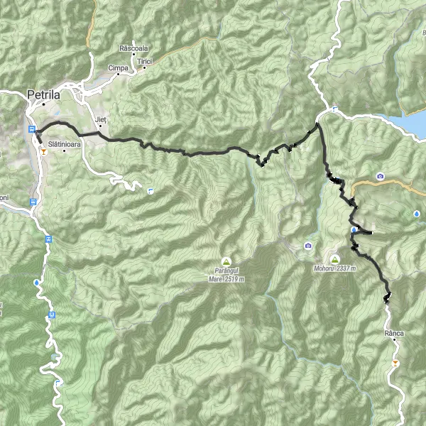 Map miniature of "The Ultimate Challenge: Petroșani to Locomotiva" cycling inspiration in Vest, Romania. Generated by Tarmacs.app cycling route planner