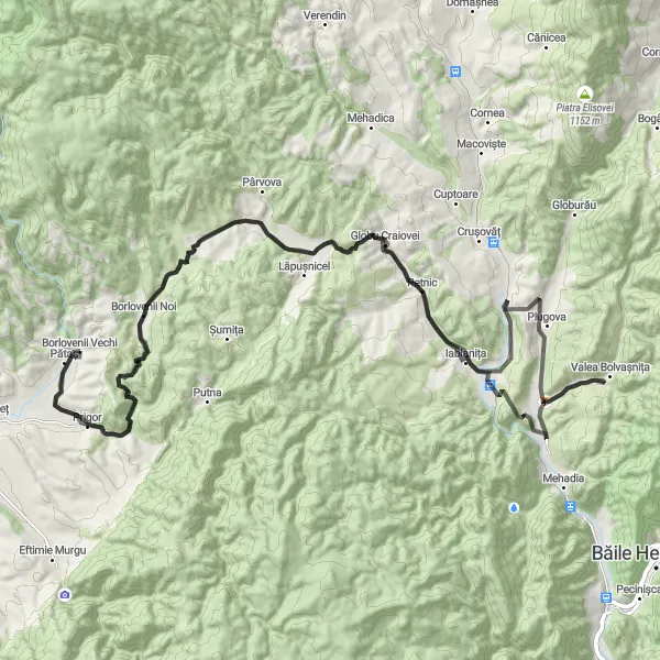 Map miniature of "Prigor - Borlovenii Noi - Plugova - Valea Bolvașnița - Globu Craiovei Route" cycling inspiration in Vest, Romania. Generated by Tarmacs.app cycling route planner