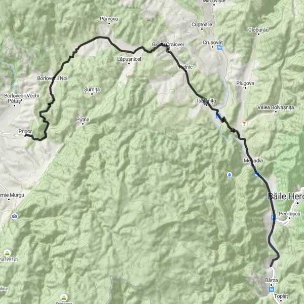 Map miniature of "Prigor - Borlovenii Noi - Dealul Stoghirului - Străjeț - Mehadia - Globu Craiovei Route" cycling inspiration in Vest, Romania. Generated by Tarmacs.app cycling route planner