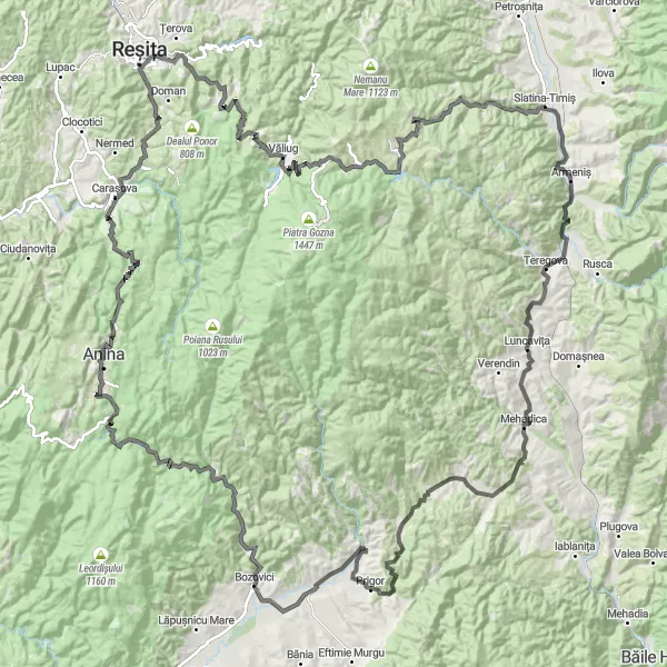 Map miniature of "Prilipeț - Bigăr Waterfall - Dealu Zabal - Anina - Dealu Golului - Cuptoare - Văliug - Cruce Gărâna - Brebu Nou - Armeniș - Mehadica - Borlovenii Noi - Prigor" cycling inspiration in Vest, Romania. Generated by Tarmacs.app cycling route planner