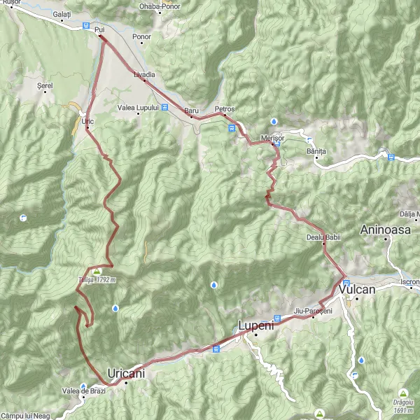 Map miniature of "The Lupeni Gravel Exploration" cycling inspiration in Vest, Romania. Generated by Tarmacs.app cycling route planner