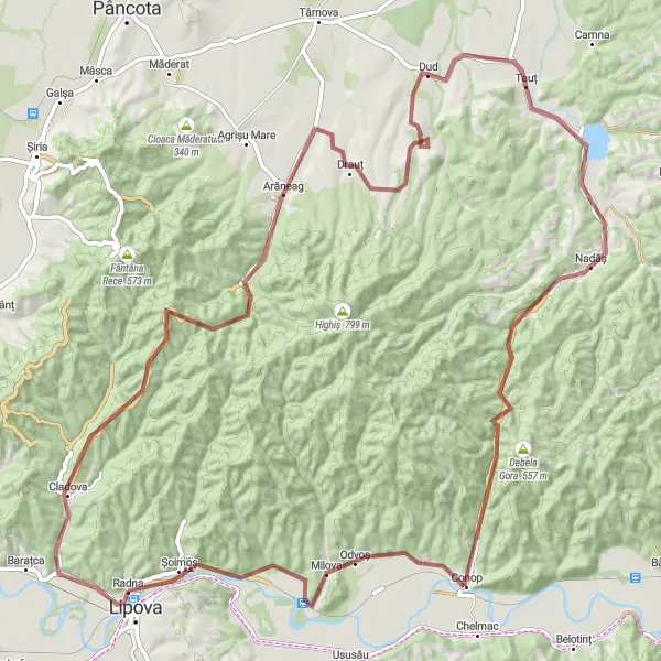 Map miniature of "Radna - Lipova - Cap de Drac - Tauț - Odvoș - Șoimoș" cycling inspiration in Vest, Romania. Generated by Tarmacs.app cycling route planner