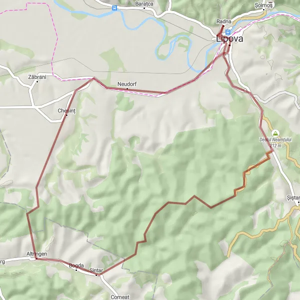 Map miniature of "Radna - Dealul Neamțului - Sintar - Neudorf - Radna" cycling inspiration in Vest, Romania. Generated by Tarmacs.app cycling route planner