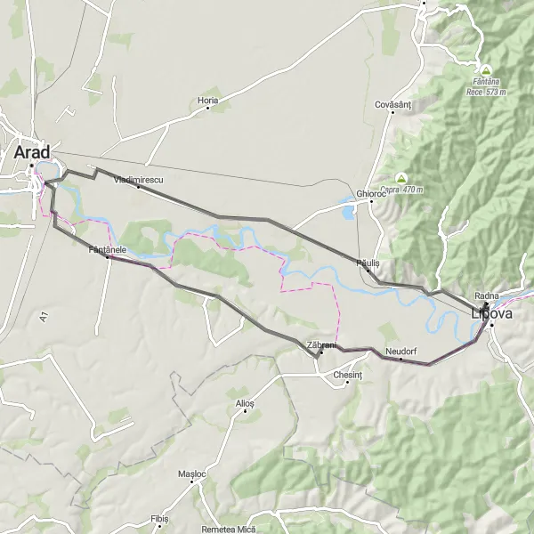 Map miniature of "Lipova Loop" cycling inspiration in Vest, Romania. Generated by Tarmacs.app cycling route planner