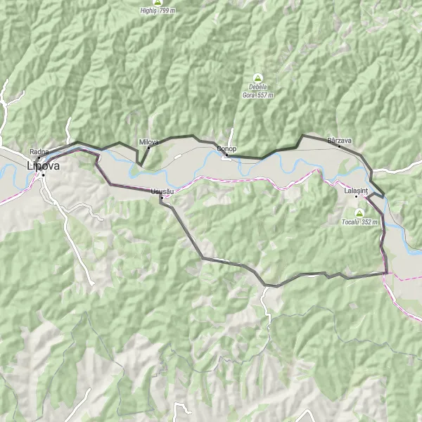 Map miniature of "Venturous Bata Route" cycling inspiration in Vest, Romania. Generated by Tarmacs.app cycling route planner