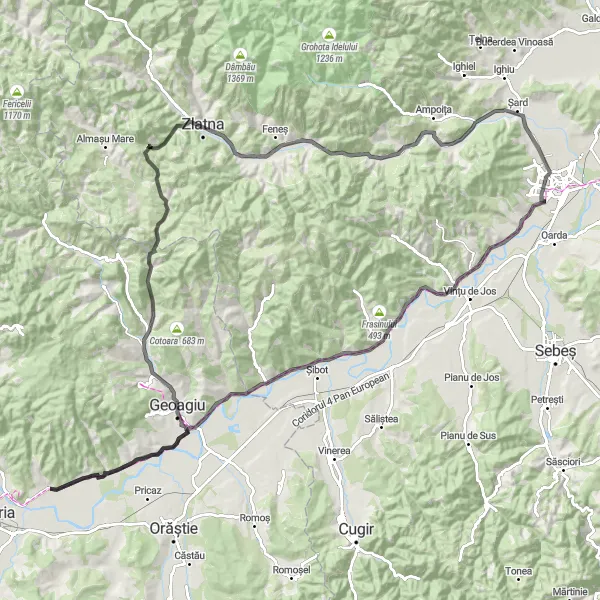 Map miniature of "The Geoagiu Loop" cycling inspiration in Vest, Romania. Generated by Tarmacs.app cycling route planner