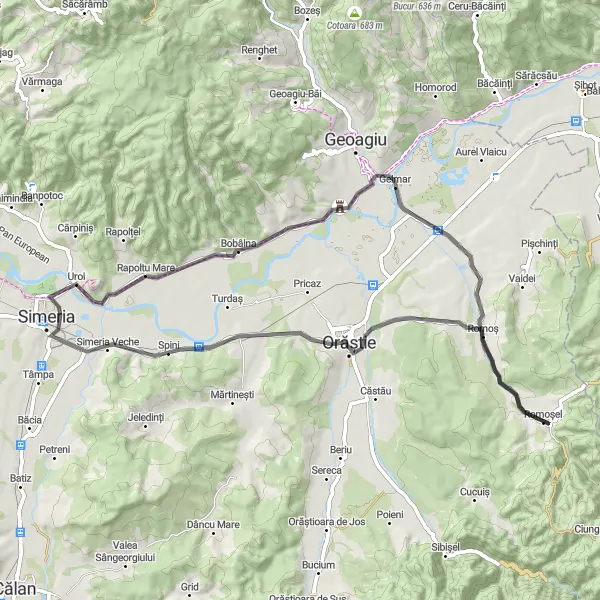 Map miniature of "Historical Exploration" cycling inspiration in Vest, Romania. Generated by Tarmacs.app cycling route planner