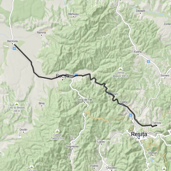 Map miniature of "Bocșa Loop" cycling inspiration in Vest, Romania. Generated by Tarmacs.app cycling route planner