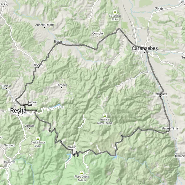 Map miniature of "Brebu Nou Circuit" cycling inspiration in Vest, Romania. Generated by Tarmacs.app cycling route planner