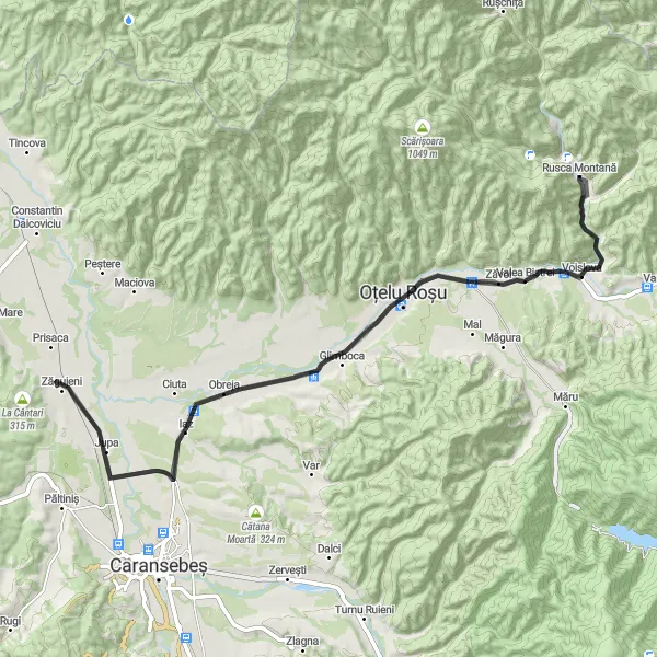 Map miniature of "The Rustic Road" cycling inspiration in Vest, Romania. Generated by Tarmacs.app cycling route planner