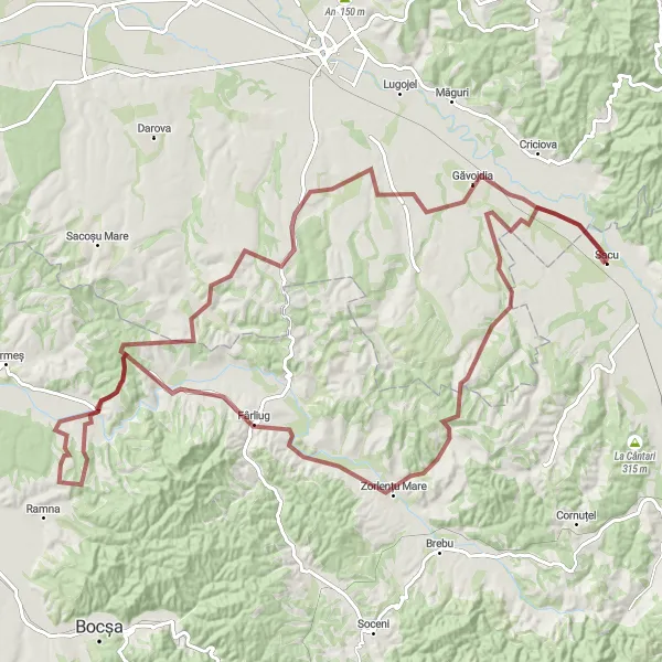 Map miniature of "Oloșag Trail" cycling inspiration in Vest, Romania. Generated by Tarmacs.app cycling route planner