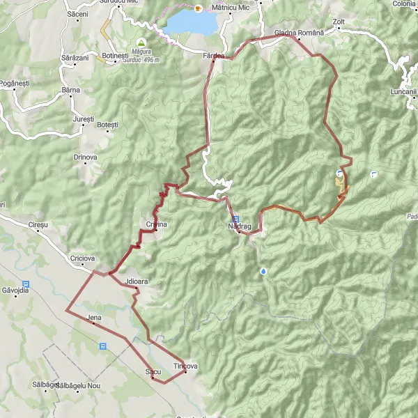 Map miniature of "Crivina Loop" cycling inspiration in Vest, Romania. Generated by Tarmacs.app cycling route planner