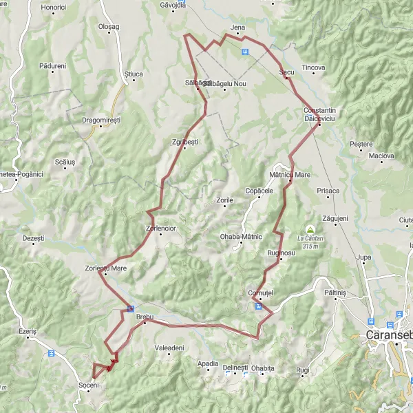 Map miniature of "Gravel Adventure through Mâtnicu Mare and Dealu Danciu" cycling inspiration in Vest, Romania. Generated by Tarmacs.app cycling route planner