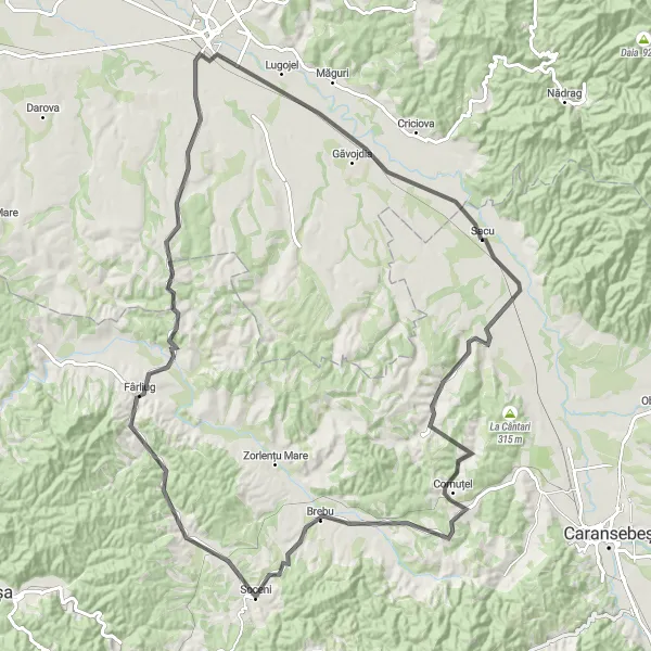 Map miniature of "The Mountain Loop" cycling inspiration in Vest, Romania. Generated by Tarmacs.app cycling route planner