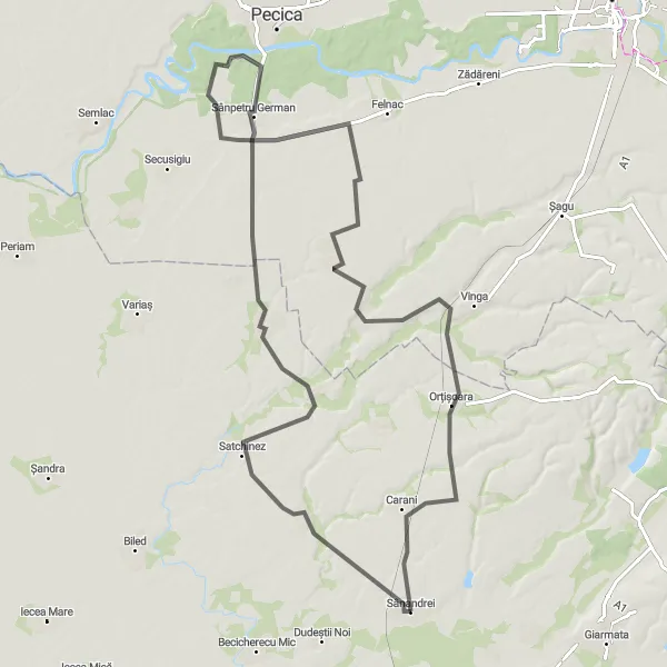 Map miniature of "Serene Road Journey to Hodoni and Orțișoara" cycling inspiration in Vest, Romania. Generated by Tarmacs.app cycling route planner