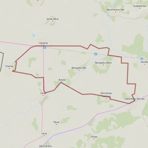 Map miniature of "Sânmihaiu German and Cărpiniș Loop" cycling inspiration in Vest, Romania. Generated by Tarmacs.app cycling route planner