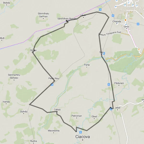 Map miniature of "The Utvin Tower Loop" cycling inspiration in Vest, Romania. Generated by Tarmacs.app cycling route planner