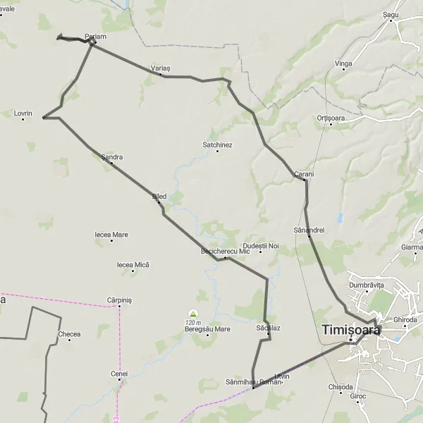 Map miniature of "Carani Road Adventure" cycling inspiration in Vest, Romania. Generated by Tarmacs.app cycling route planner