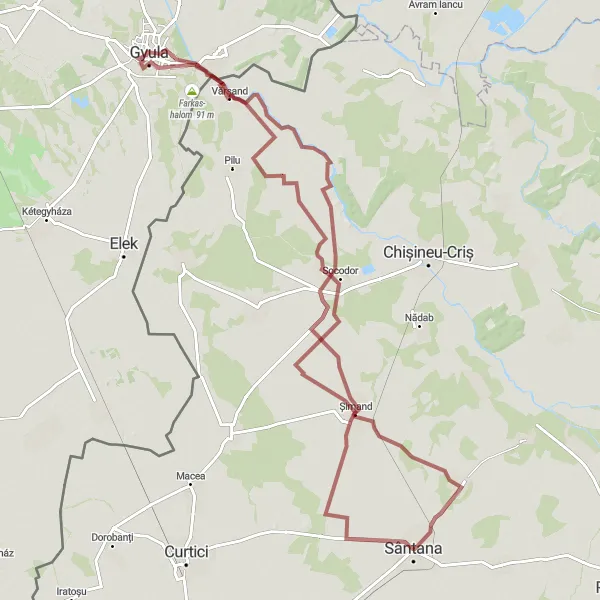 Map miniature of "Santana to Vărșand Gravel Route" cycling inspiration in Vest, Romania. Generated by Tarmacs.app cycling route planner