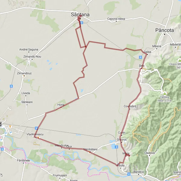 Map miniature of "Scenic Gravel Cycling Route: Sântana to Șiria" cycling inspiration in Vest, Romania. Generated by Tarmacs.app cycling route planner