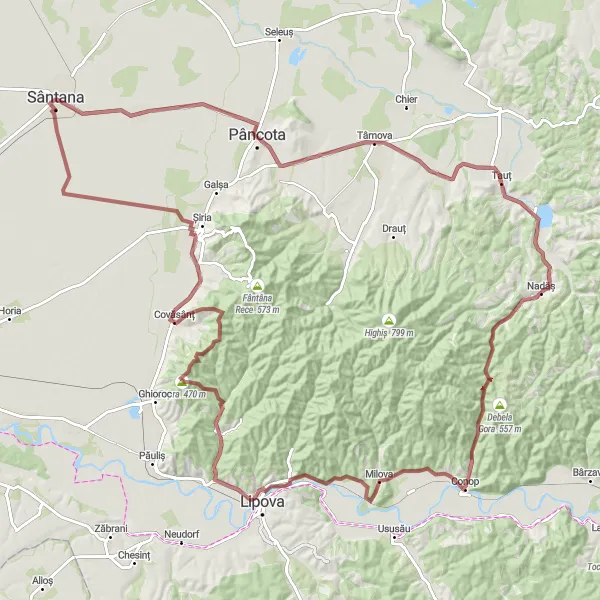 Map miniature of "Challenging Gravel Cycling Expedition: Santana to Radna" cycling inspiration in Vest, Romania. Generated by Tarmacs.app cycling route planner