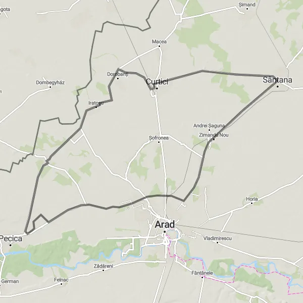 Map miniature of "Sântana to Curtici Road Cycling Route" cycling inspiration in Vest, Romania. Generated by Tarmacs.app cycling route planner