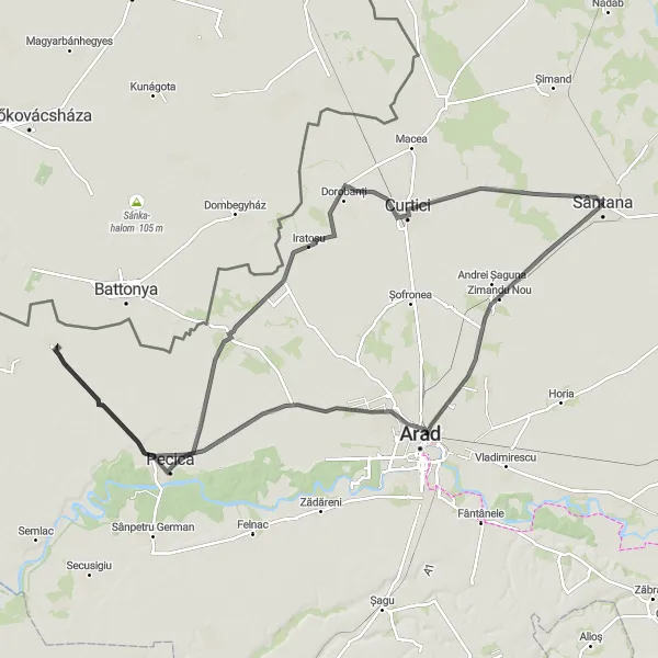 Map miniature of "Santana to Curtici Road Route" cycling inspiration in Vest, Romania. Generated by Tarmacs.app cycling route planner