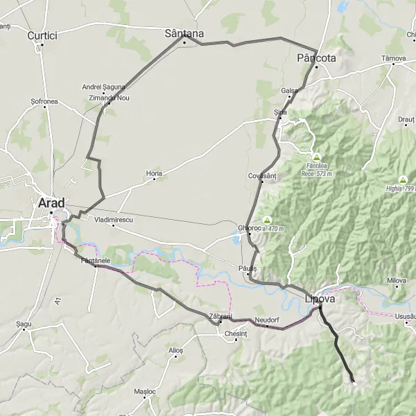 Map miniature of "Cultural and Natural Highlights: Sântana to Lipova Road Cycling Route" cycling inspiration in Vest, Romania. Generated by Tarmacs.app cycling route planner