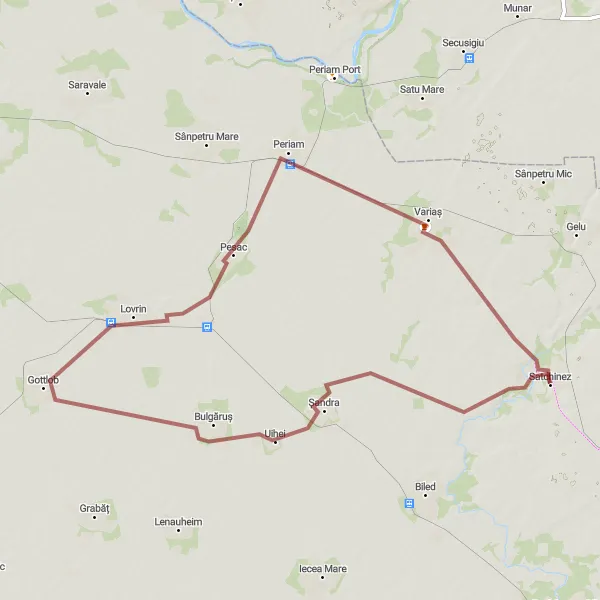 Map miniature of "Gravel Adventure to Satchinez" cycling inspiration in Vest, Romania. Generated by Tarmacs.app cycling route planner