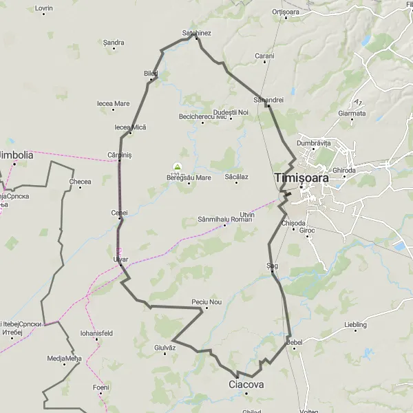 Map miniature of "Satchinez to Hodoni Loop" cycling inspiration in Vest, Romania. Generated by Tarmacs.app cycling route planner