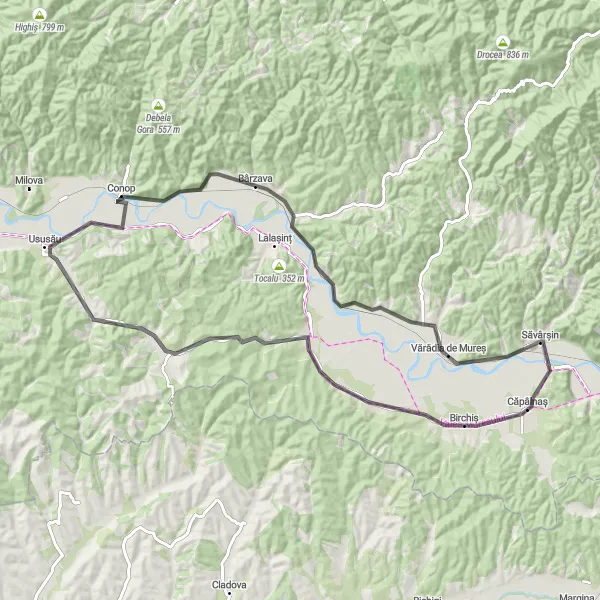 Map miniature of "Săvârşin and Back: A Scenic Road Cycling Route" cycling inspiration in Vest, Romania. Generated by Tarmacs.app cycling route planner