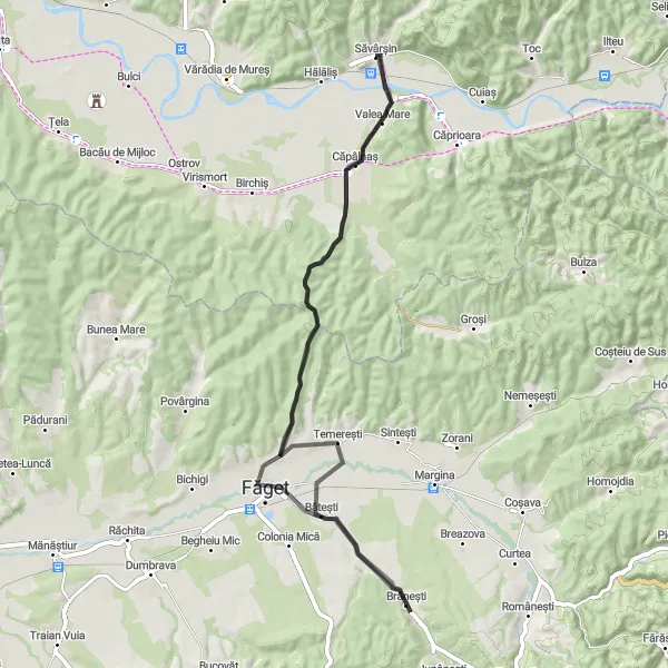 Map miniature of "Scenic Route to Bătești" cycling inspiration in Vest, Romania. Generated by Tarmacs.app cycling route planner