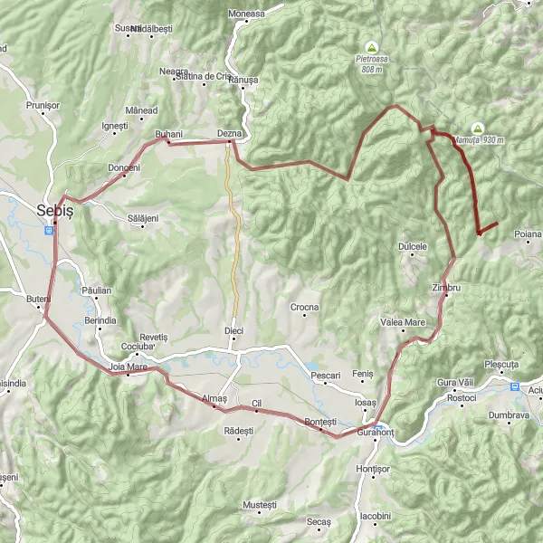 Map miniature of "Gravel Adventure to Zimbru" cycling inspiration in Vest, Romania. Generated by Tarmacs.app cycling route planner