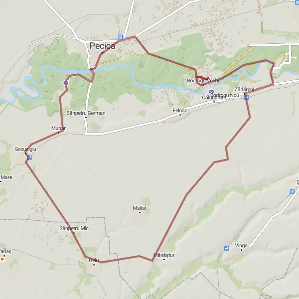 Map miniature of "The Pecica Gravel Loop" cycling inspiration in Vest, Romania. Generated by Tarmacs.app cycling route planner