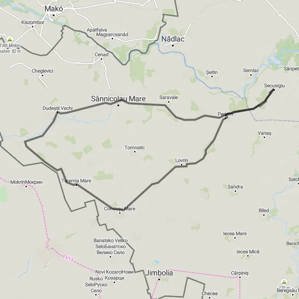 Map miniature of "The Lovrin Loop" cycling inspiration in Vest, Romania. Generated by Tarmacs.app cycling route planner