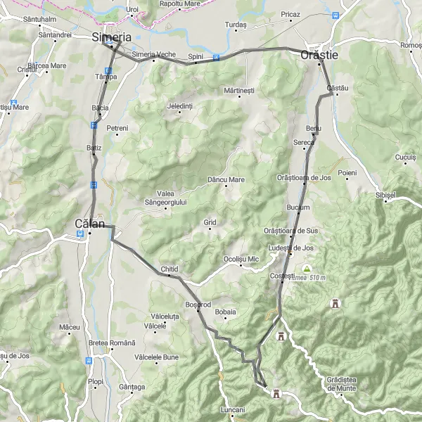 Map miniature of "The Orăștie Loop" cycling inspiration in Vest, Romania. Generated by Tarmacs.app cycling route planner
