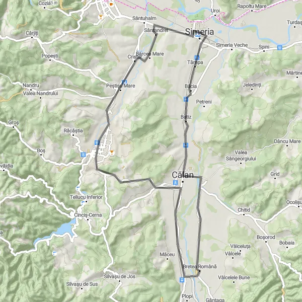 Map miniature of "Strei Valley Ride" cycling inspiration in Vest, Romania. Generated by Tarmacs.app cycling route planner