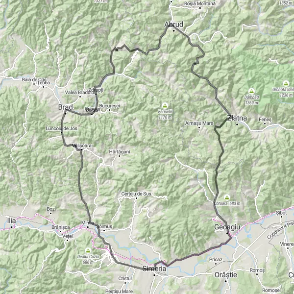 Map miniature of "The Deva Challenge" cycling inspiration in Vest, Romania. Generated by Tarmacs.app cycling route planner
