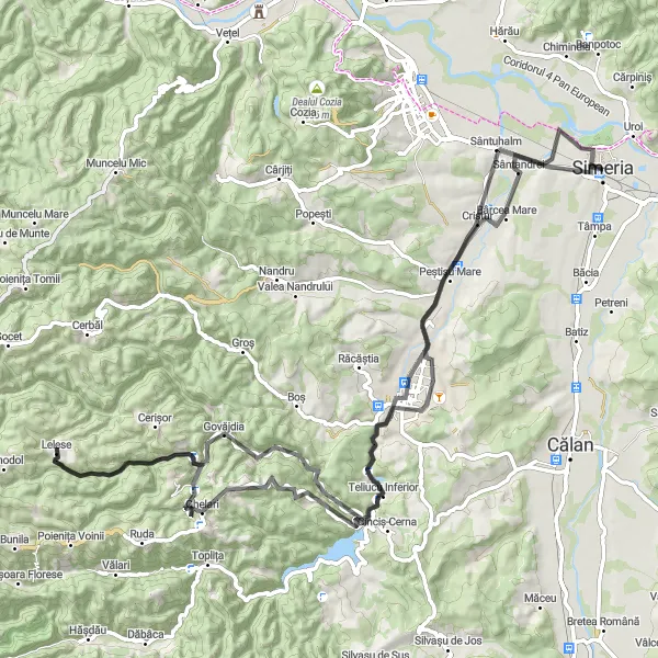 Map miniature of "Hunedoara Explorer" cycling inspiration in Vest, Romania. Generated by Tarmacs.app cycling route planner