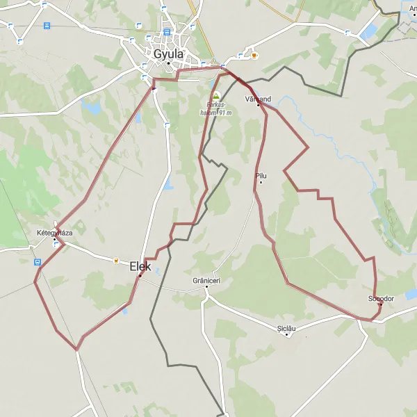 Map miniature of "Pilu and Farkas-halom Gravel Loop" cycling inspiration in Vest, Romania. Generated by Tarmacs.app cycling route planner