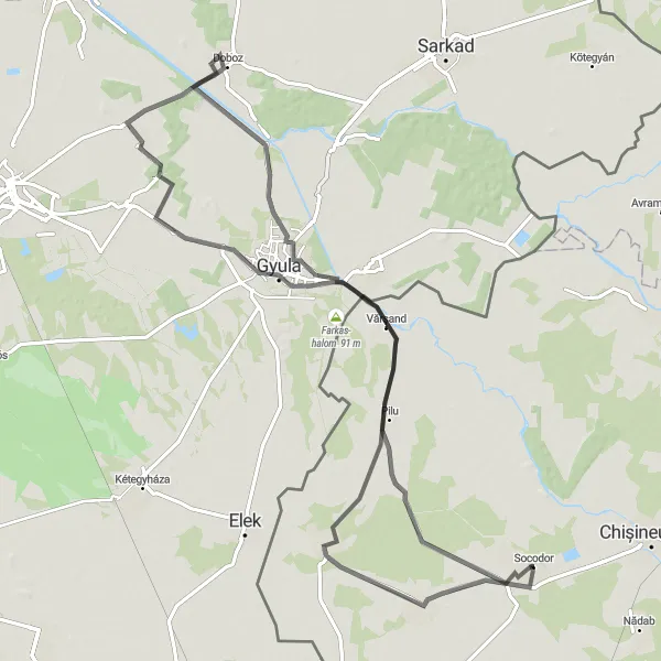 Map miniature of "Pilu and Újvári Road Loop" cycling inspiration in Vest, Romania. Generated by Tarmacs.app cycling route planner