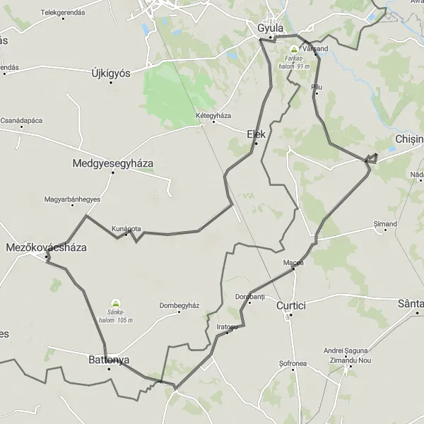 Map miniature of "The Battonya Loop" cycling inspiration in Vest, Romania. Generated by Tarmacs.app cycling route planner