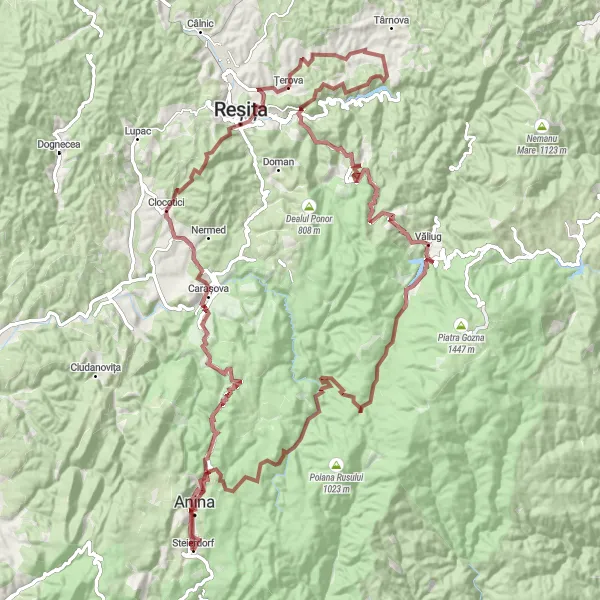 Map miniature of "Scenic Gravel Loop from Steierdorf to Anina" cycling inspiration in Vest, Romania. Generated by Tarmacs.app cycling route planner