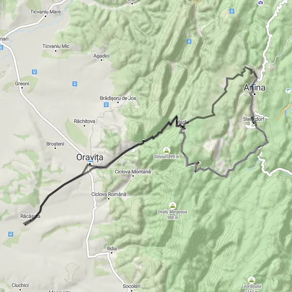 Map miniature of "Road Route to Steierdorf" cycling inspiration in Vest, Romania. Generated by Tarmacs.app cycling route planner