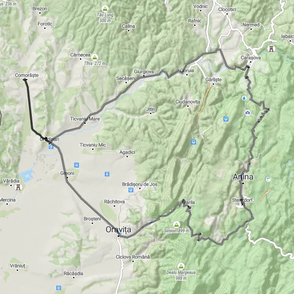 Map miniature of "The Scenic Steierdorf Road Adventure" cycling inspiration in Vest, Romania. Generated by Tarmacs.app cycling route planner