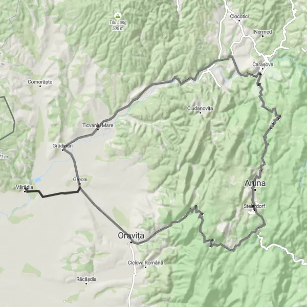 Map miniature of "Road Cycling Tour from Steierdorf to Anina" cycling inspiration in Vest, Romania. Generated by Tarmacs.app cycling route planner