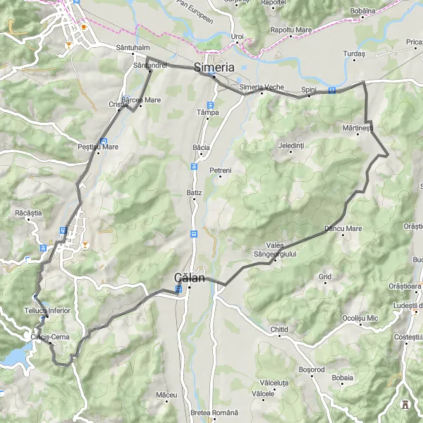 Map miniature of "Teliucu Inferior Loop" cycling inspiration in Vest, Romania. Generated by Tarmacs.app cycling route planner