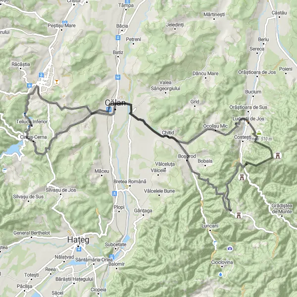 Map miniature of "Conquer the Ascent: Thrilling Road Cycling Challenge in Vest" cycling inspiration in Vest, Romania. Generated by Tarmacs.app cycling route planner