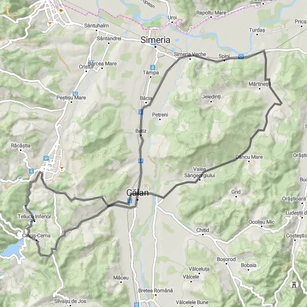 Map miniature of "Teliucu Inferior Loop: Enjoy the Beauty of Vest" cycling inspiration in Vest, Romania. Generated by Tarmacs.app cycling route planner